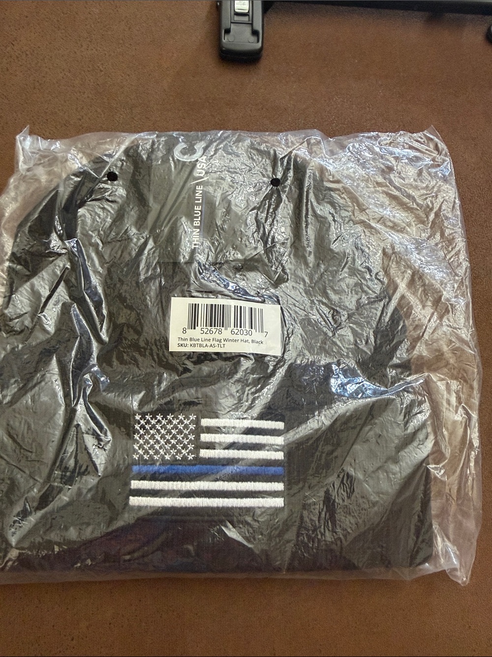 Thin Blue Line Black Knit Beanie with Flag Embroidery one-size New With Tag